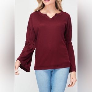 New! Baea waffle knit long sleeve top, ruffle trim flare sleeve, women's medium